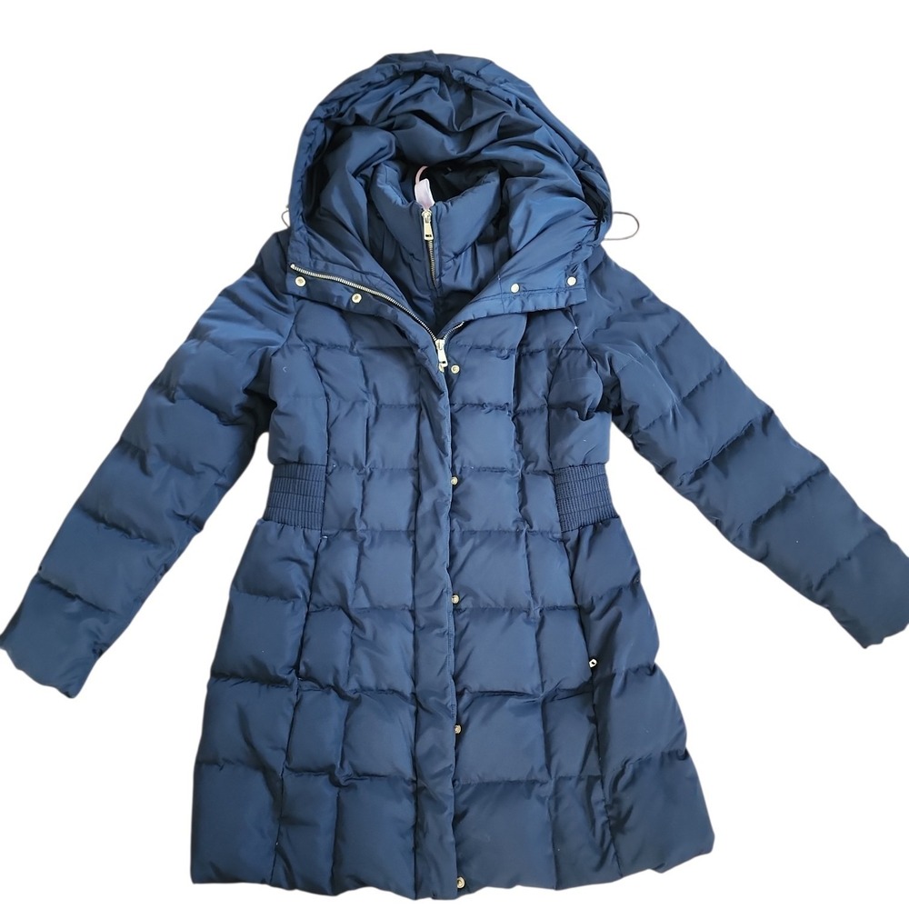 Cole Haan Puffer Parka Women Medium Navy Quilted Hooded Winter Coat Chic Warm